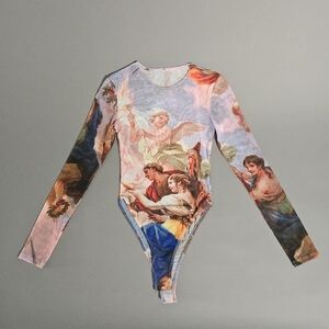 Zara Printed Tulle long sleeve Bodysuit w/ Angels Medium Sheer Mesh. NEW